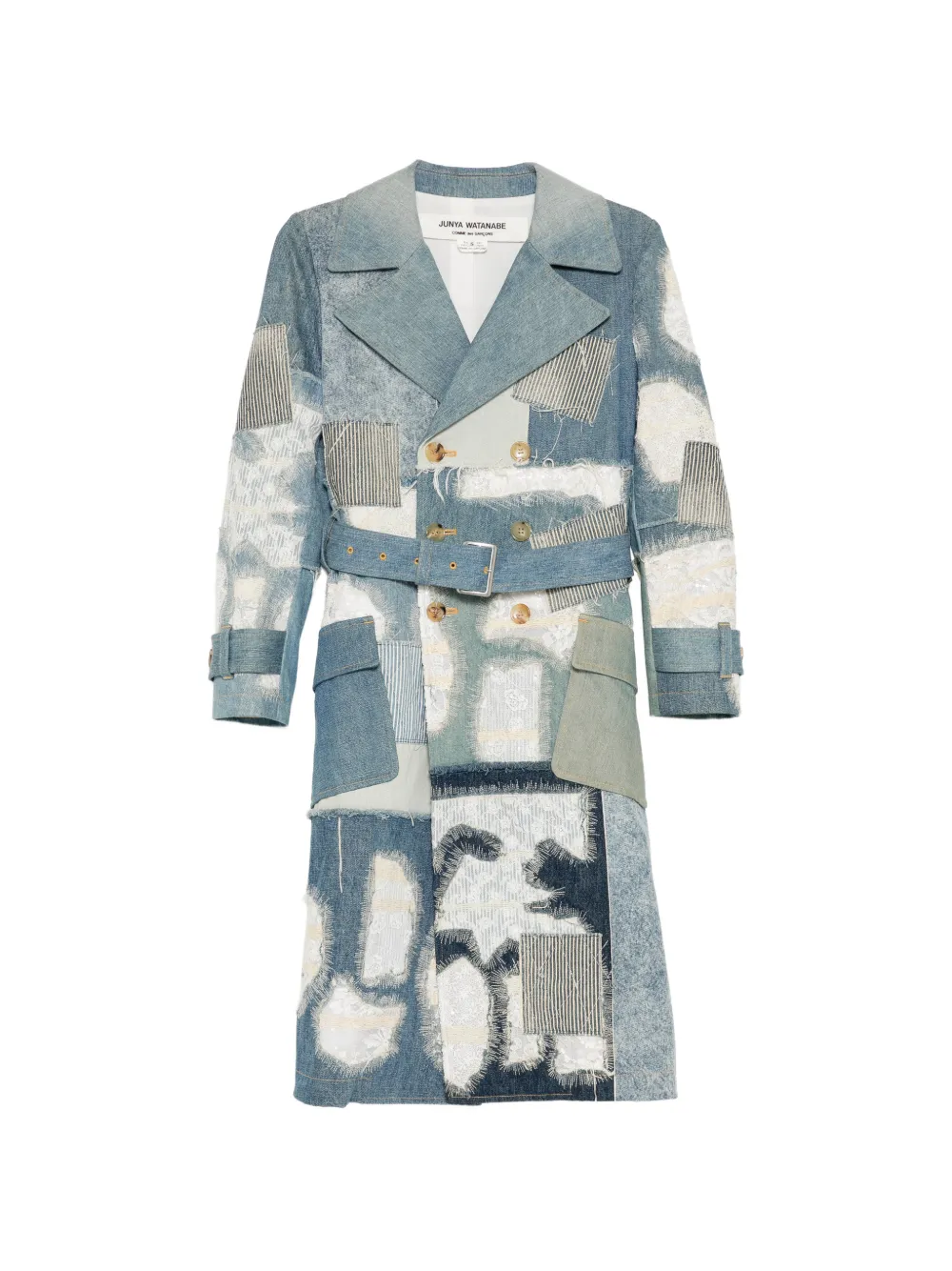 Junya Watanabe Trench denim con design patchwork - Blu