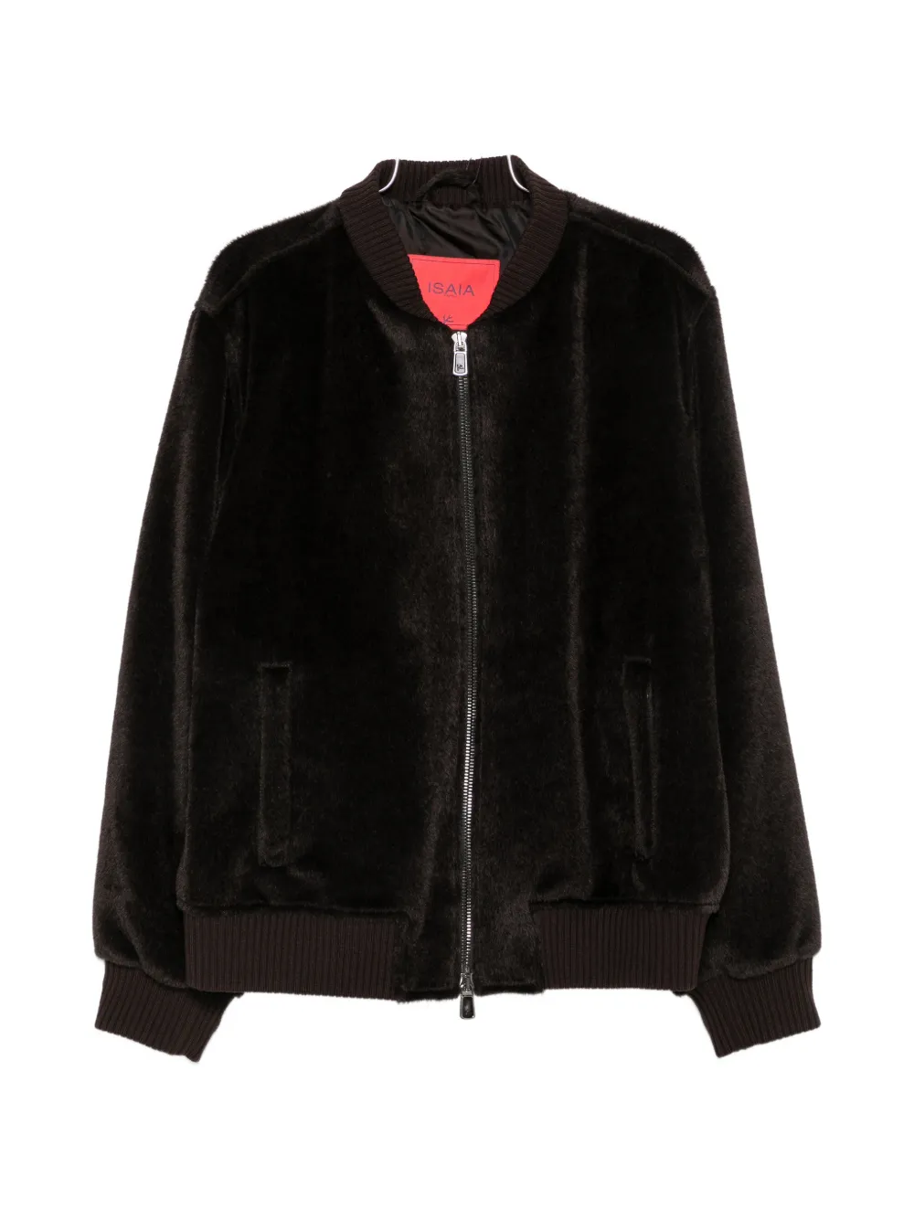 Isaia Varsity Faux-fur Ribbed-trim Bomber Jacket In 브라운