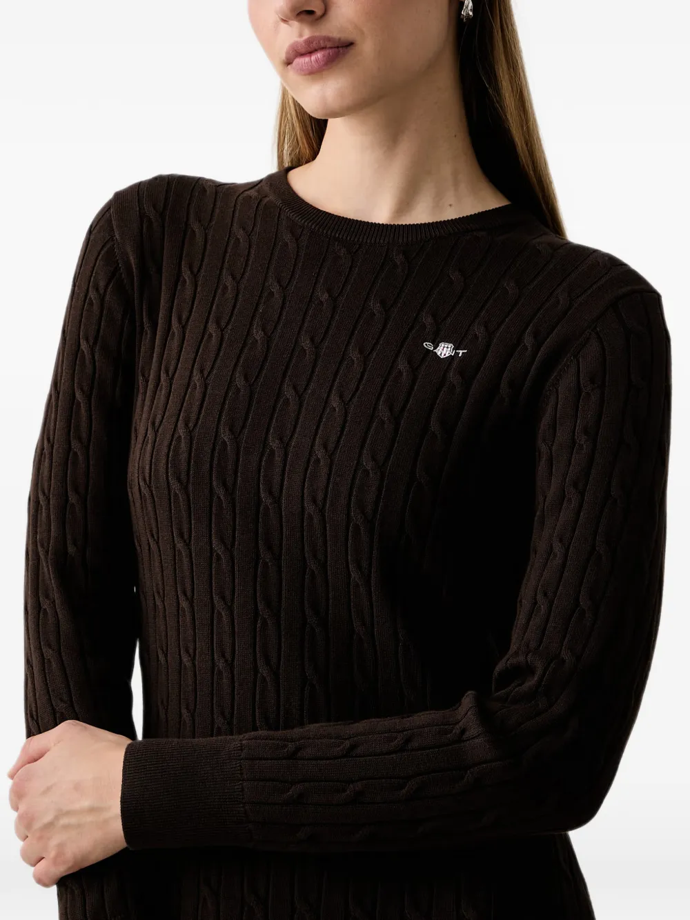 Gant Kabelgebreide mini-jurk met geborduurd logo Bruin