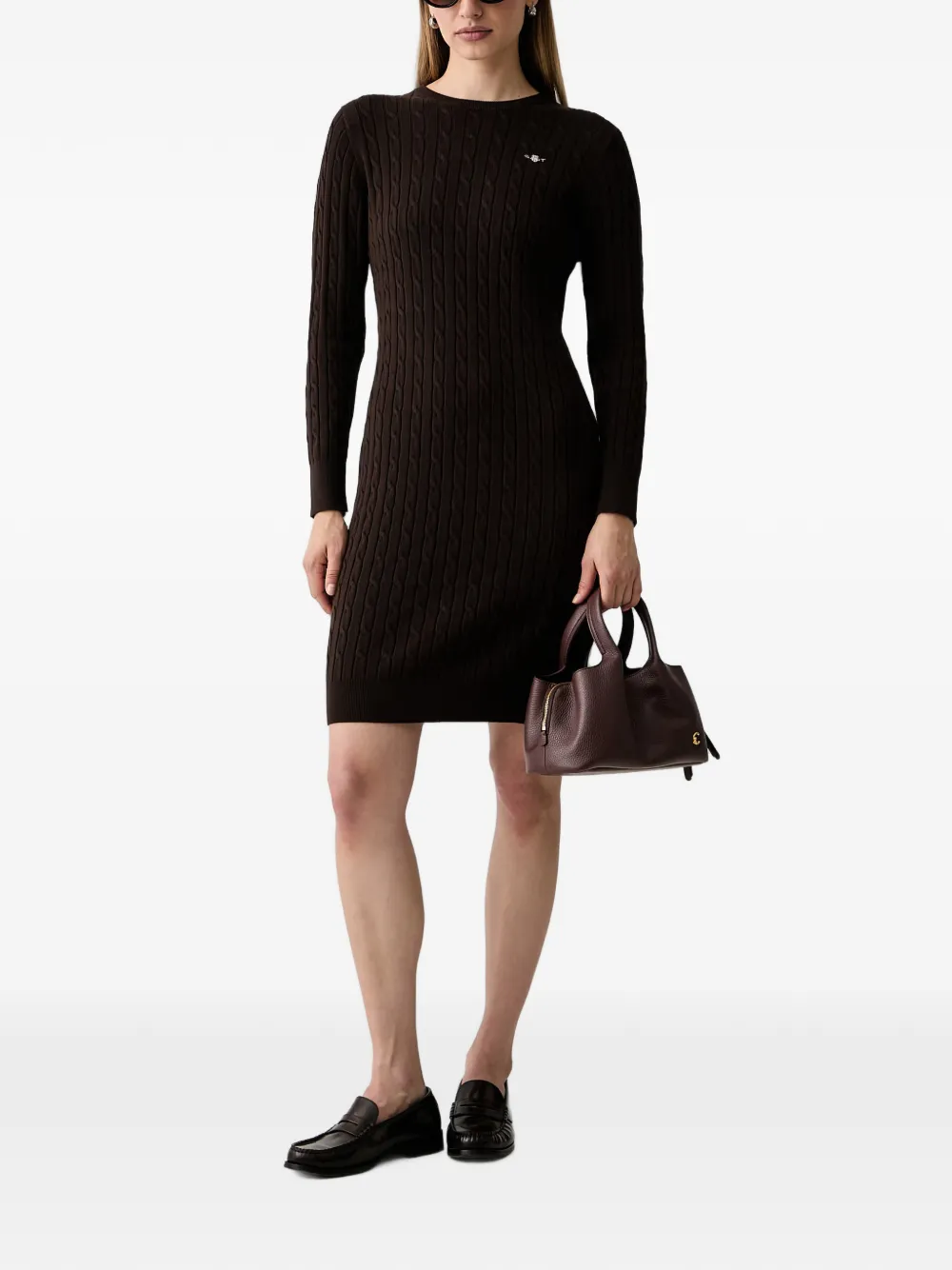 Gant Kabelgebreide mini-jurk met geborduurd logo Bruin