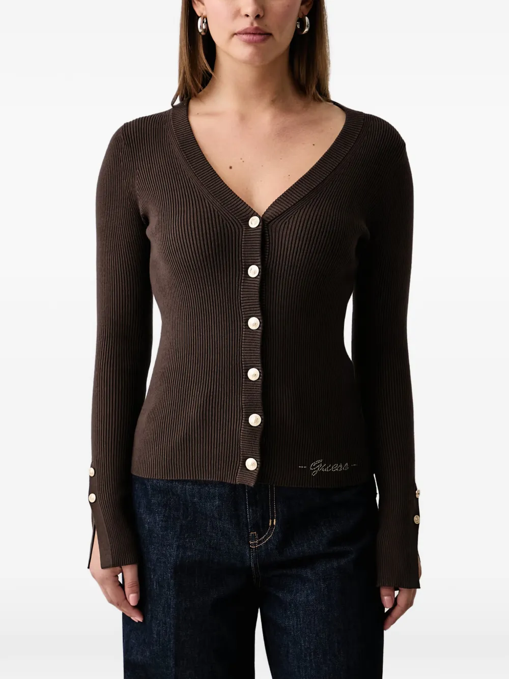 GUESS USA ribbed-knit V-neck cardigan - Brown