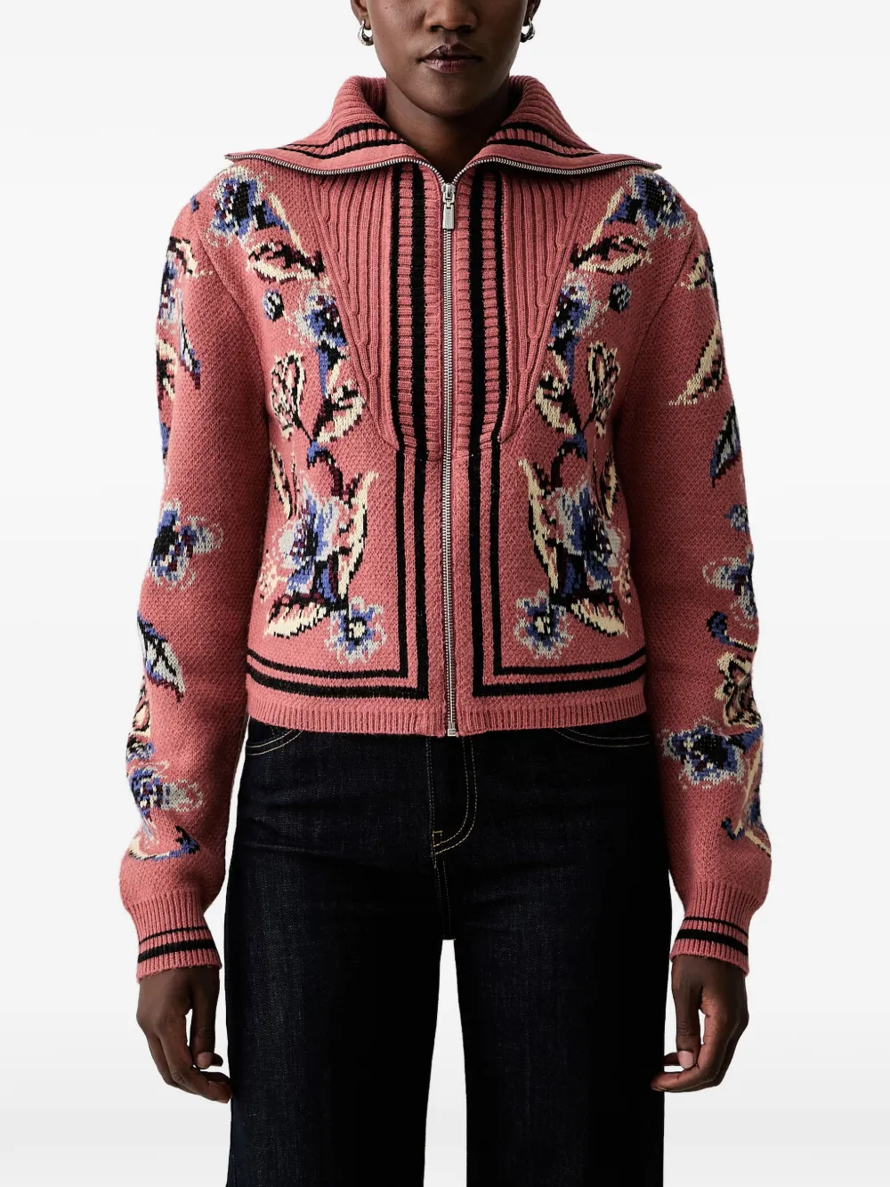 FARM Rio floral-intarsia zip-up cardigan - Pink