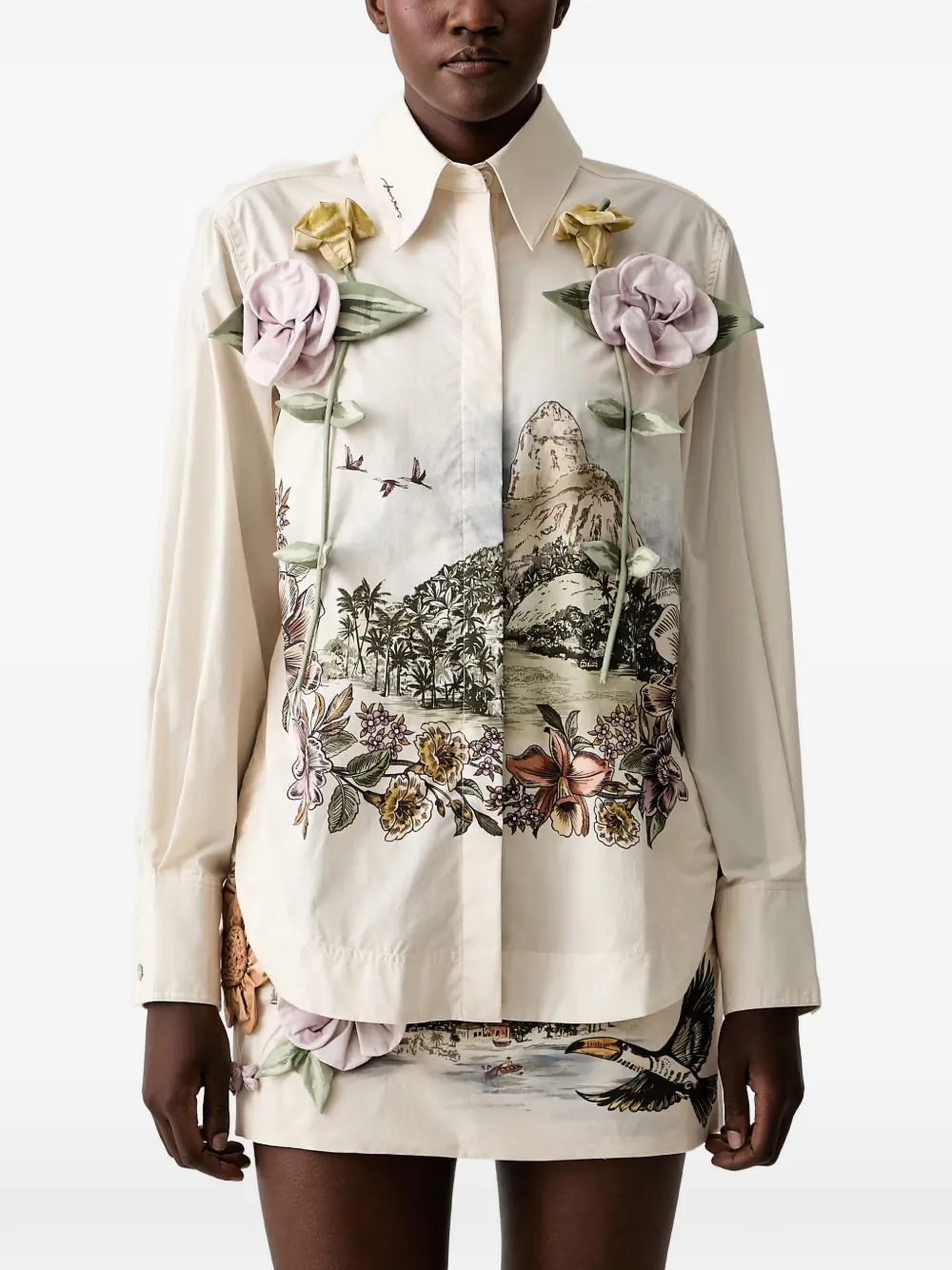 FARM Rio Toile De Rio floral-appliqué graphic-print shirt - Neutrals