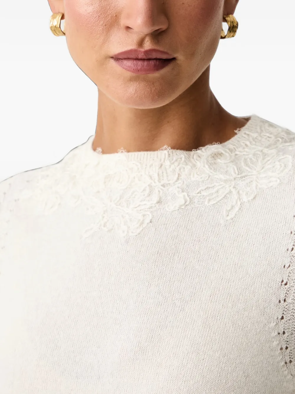 Ermanno Scervino lace-trimmed pointelle-knit T-shirt Beige