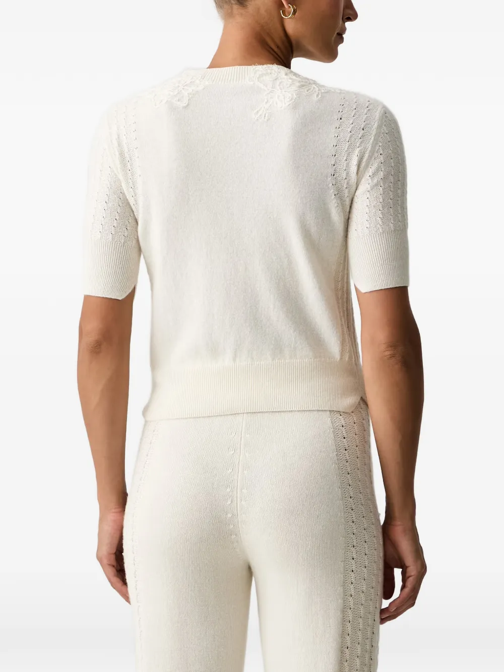 Ermanno Scervino lace-trimmed pointelle-knit T-shirt Beige
