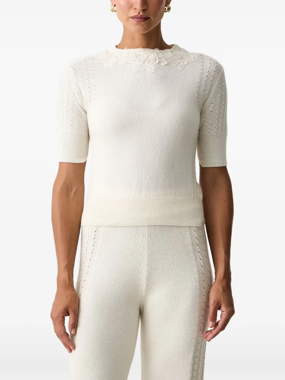 Ermanno Scervino lace-trimmed pointelle-knit T-shirt Beige