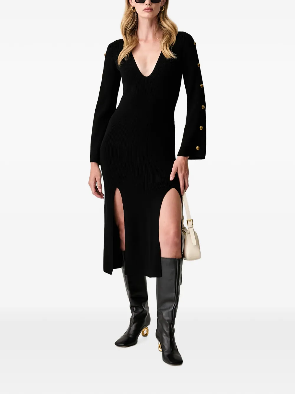 Elisabetta Franchi Midi-jurk verfraaid met knopen en split Zwart