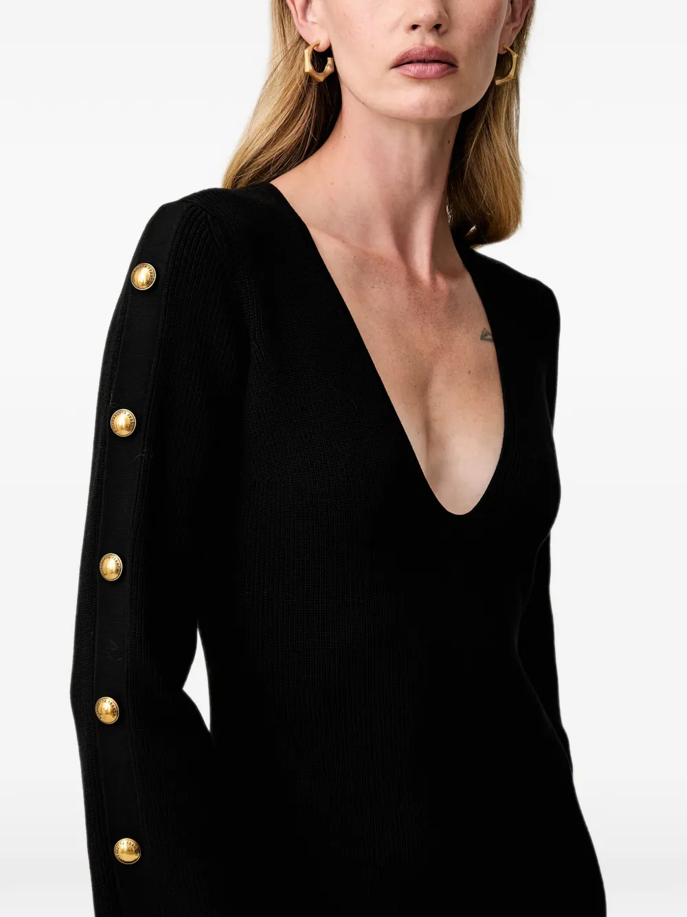 Elisabetta Franchi Midi-jurk verfraaid met knopen en split Zwart