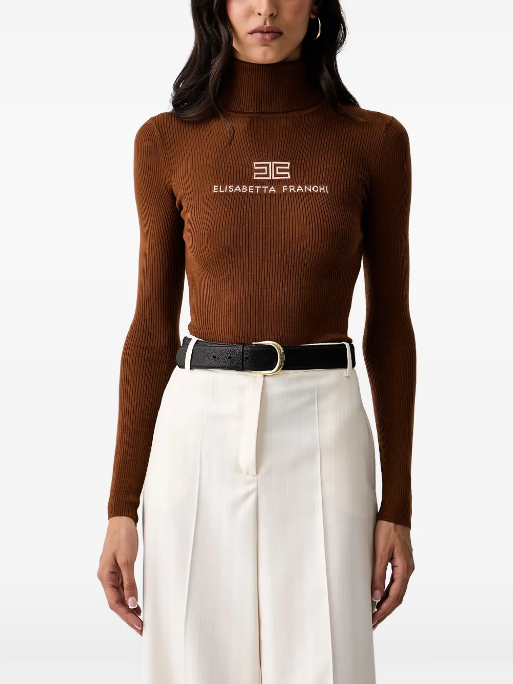 Elisabetta Franchi Logo-embroidered Ribbed-knit Sweater In Brown