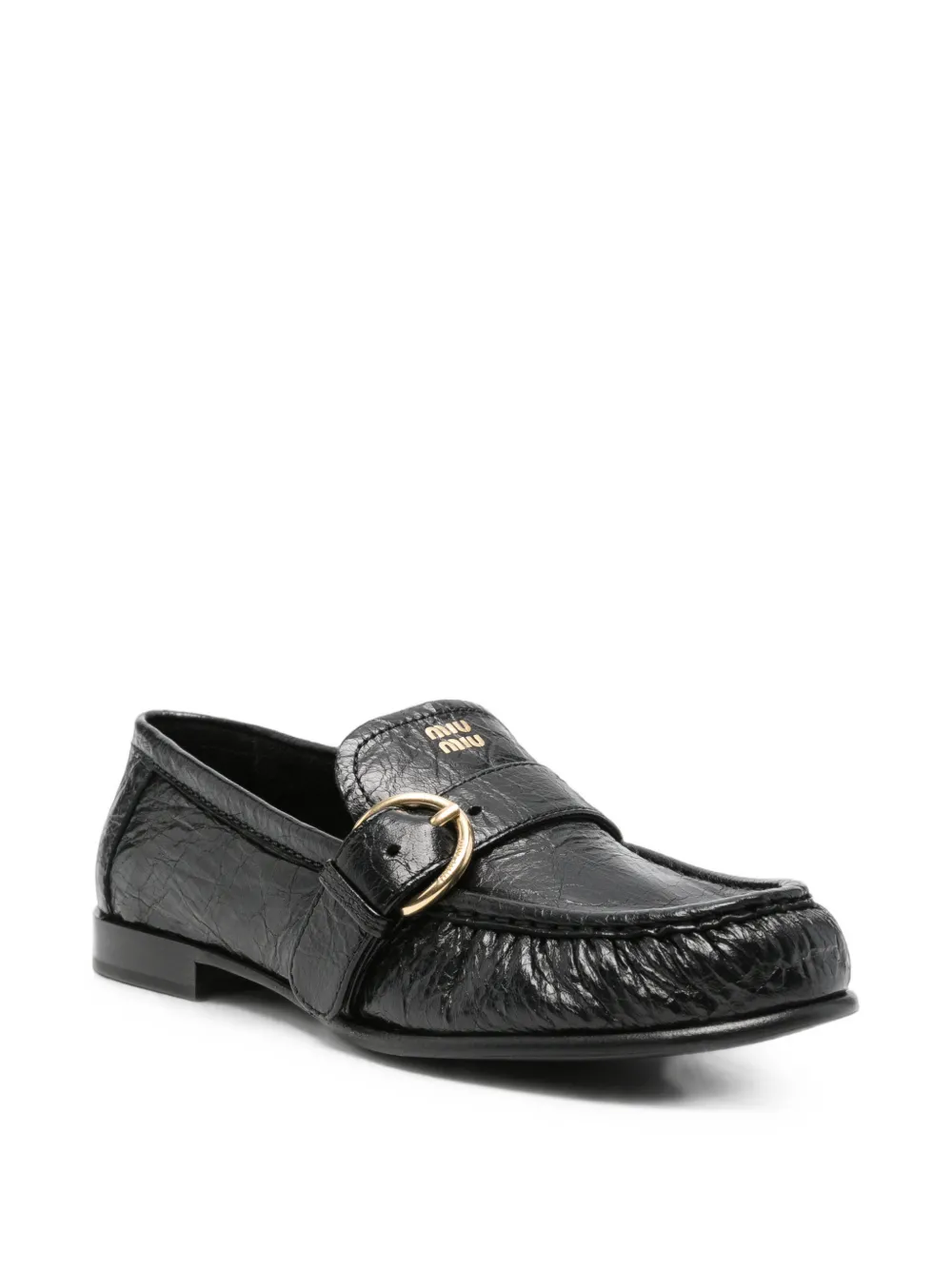 Miu buckled crinkled-leather loafers Zwart