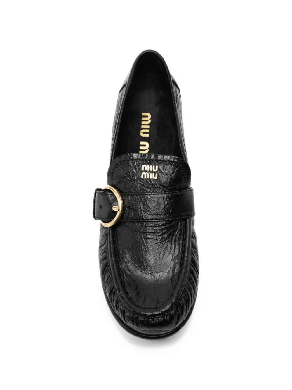 Miu buckled crinkled-leather loafers Zwart
