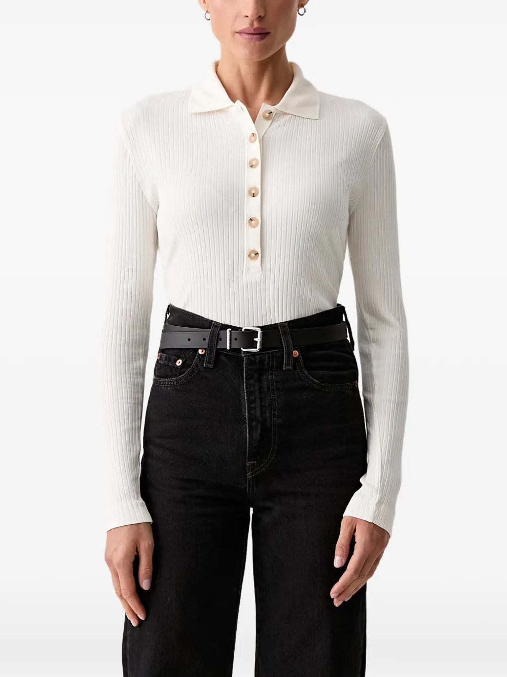Marc O'Polo ribbed-knit long-sleeve polo shirt - Bianco