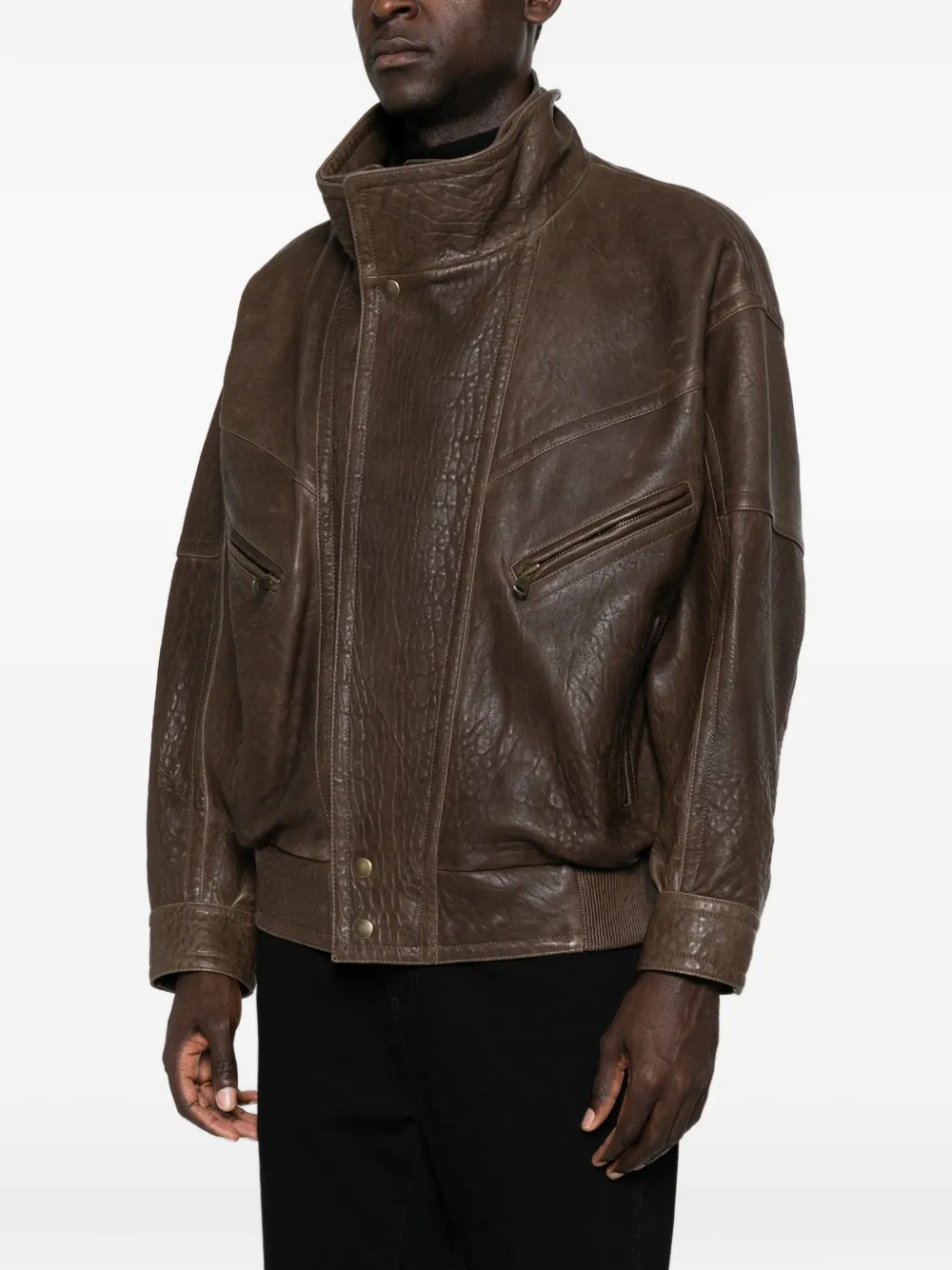 Petar Petrov Grained Leather Jacket in Brown, view 3