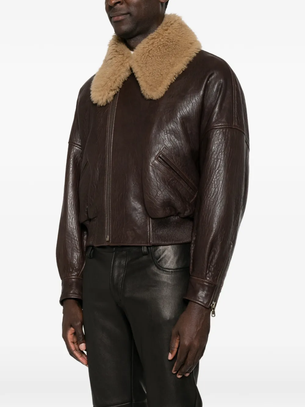 Petar Petrov Shearling-collar Leather Jacket in Brown, view 3