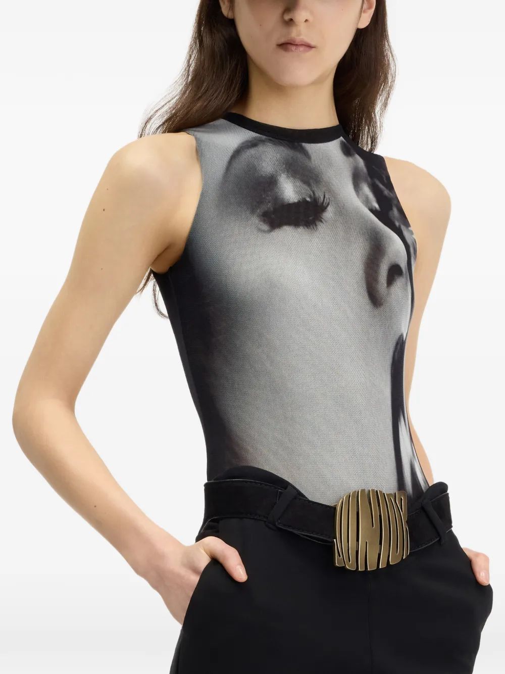 Jean Paul Gaultier mesh tank-top body printed Smoking Women Zwart
