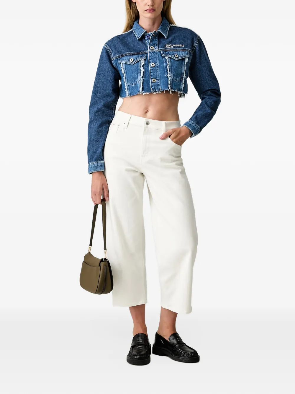 Karl Lagerfeld Jeans cropped frayed-edge denim jacket Blauw