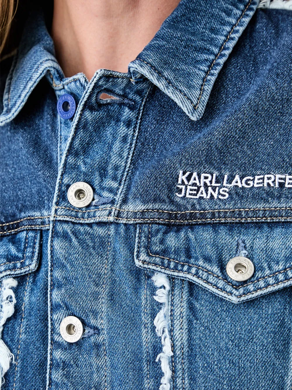 Karl Lagerfeld Jeans cropped frayed-edge denim jacket Blauw