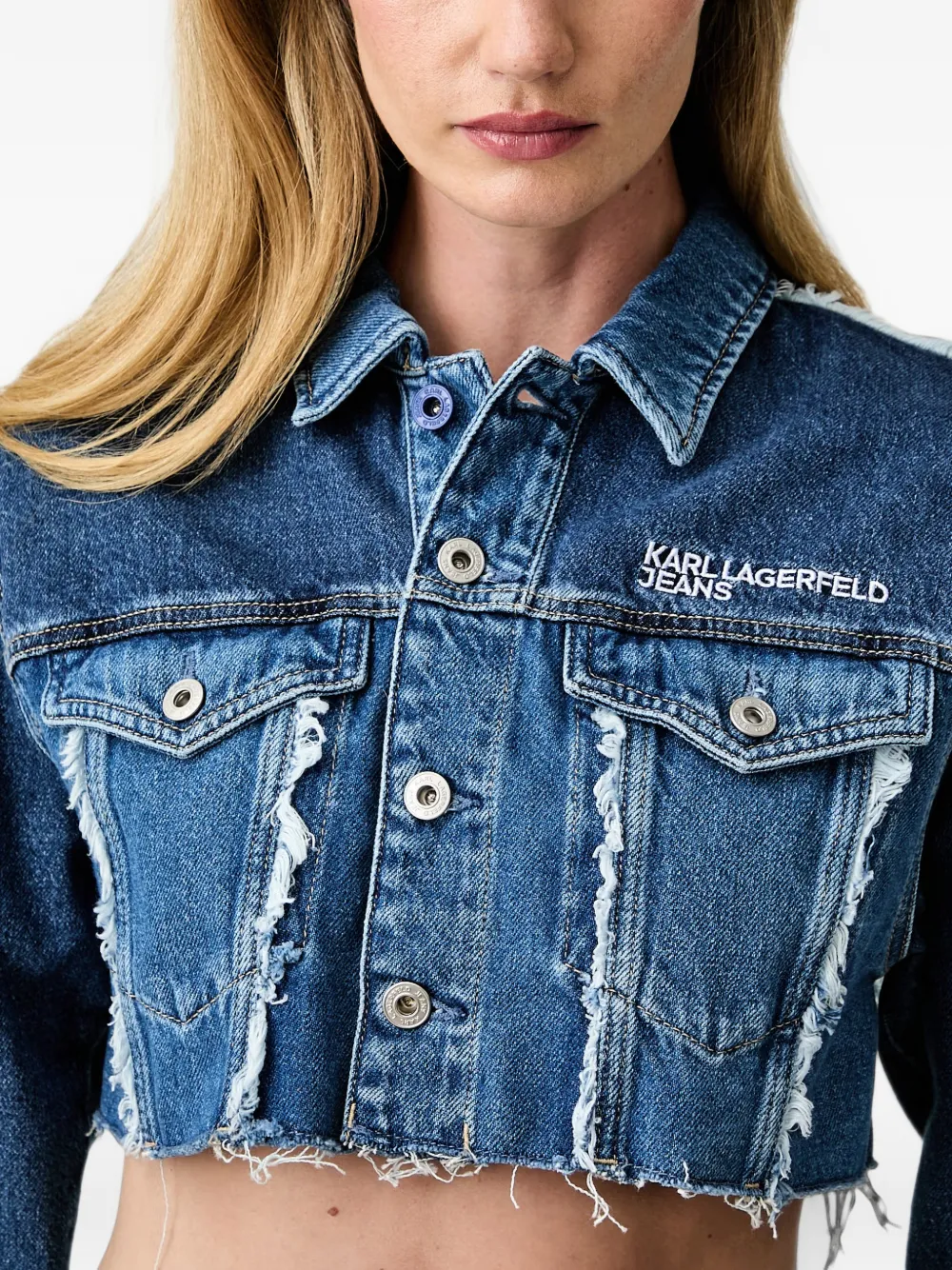 Karl Lagerfeld Jeans cropped frayed-edge denim jacket Blauw