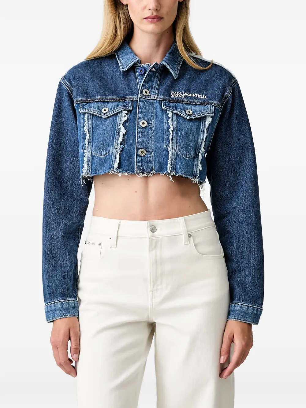 Karl Lagerfeld Jeans cropped frayed-edge denim jacket - Blau