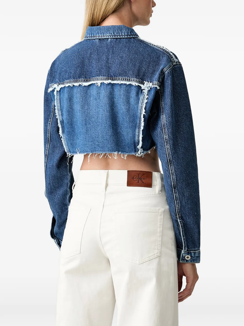 Karl Lagerfeld Jeans cropped frayed-edge denim jacket Blauw