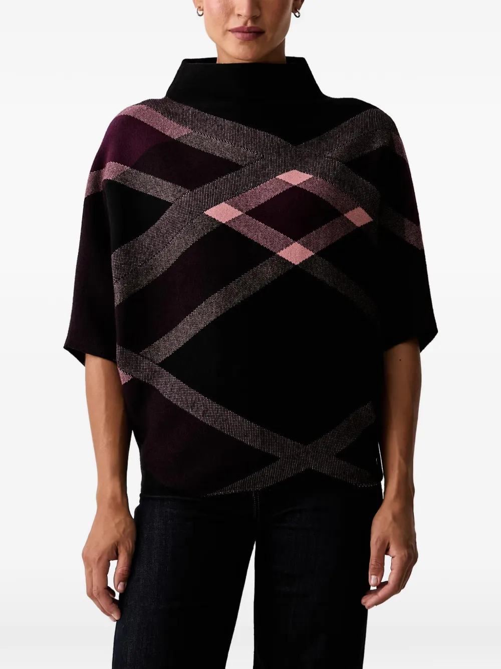 Joseph Ribkoff plaid funnel-neck sweater · XL