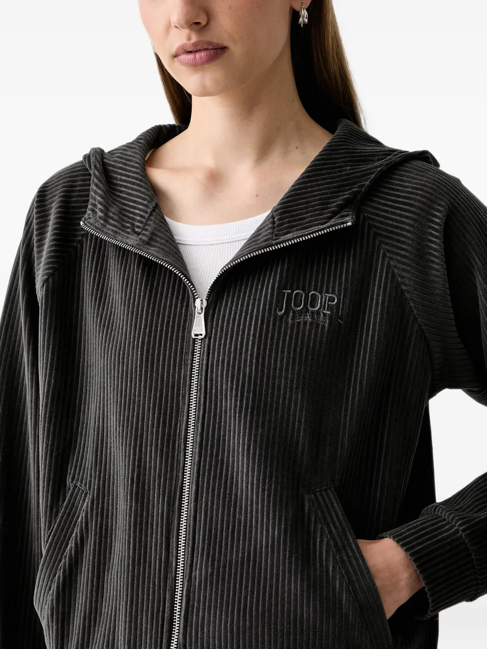 Joop! ribbed-knit zip-up hoodie Grijs