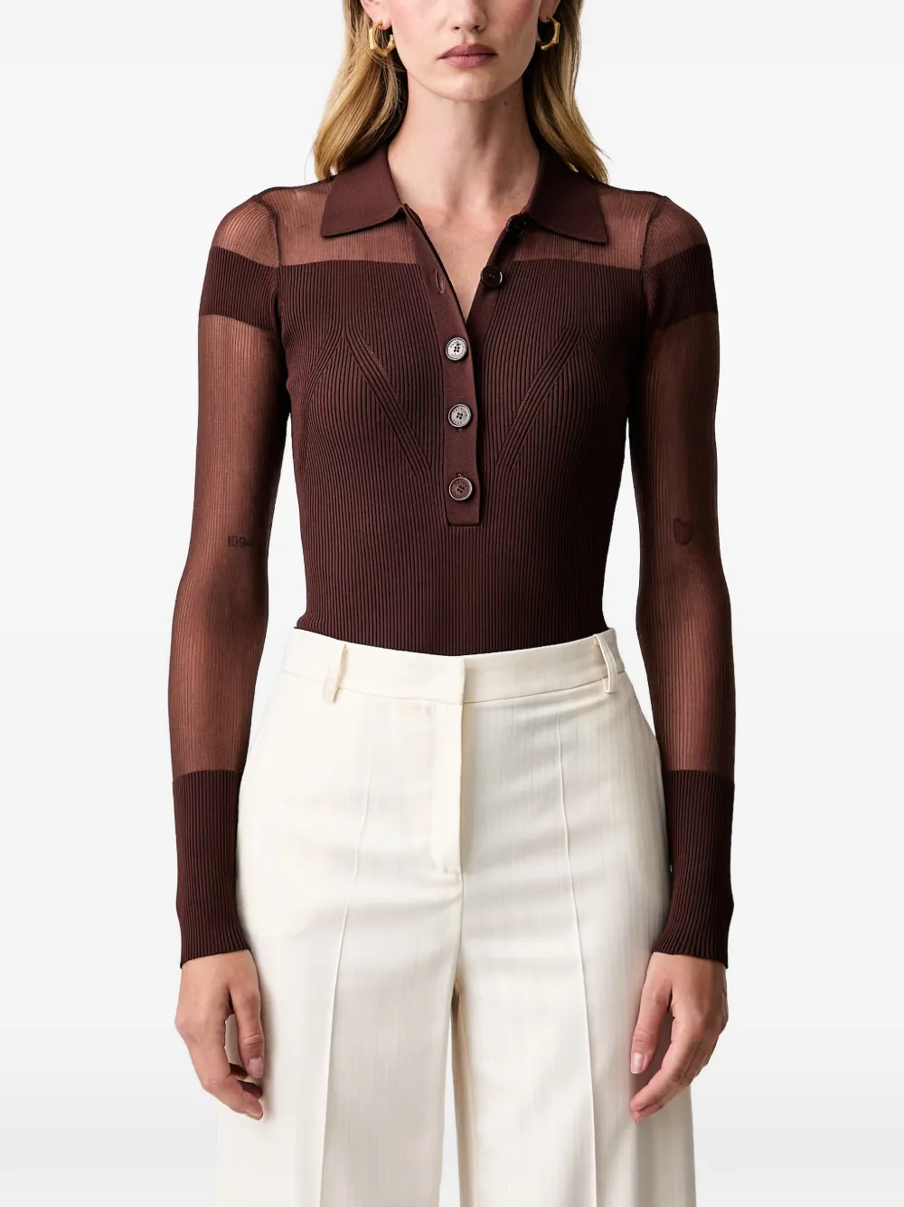 Patrizia Pepe Sheer-panelled Knitted Bodysuit In Brown
