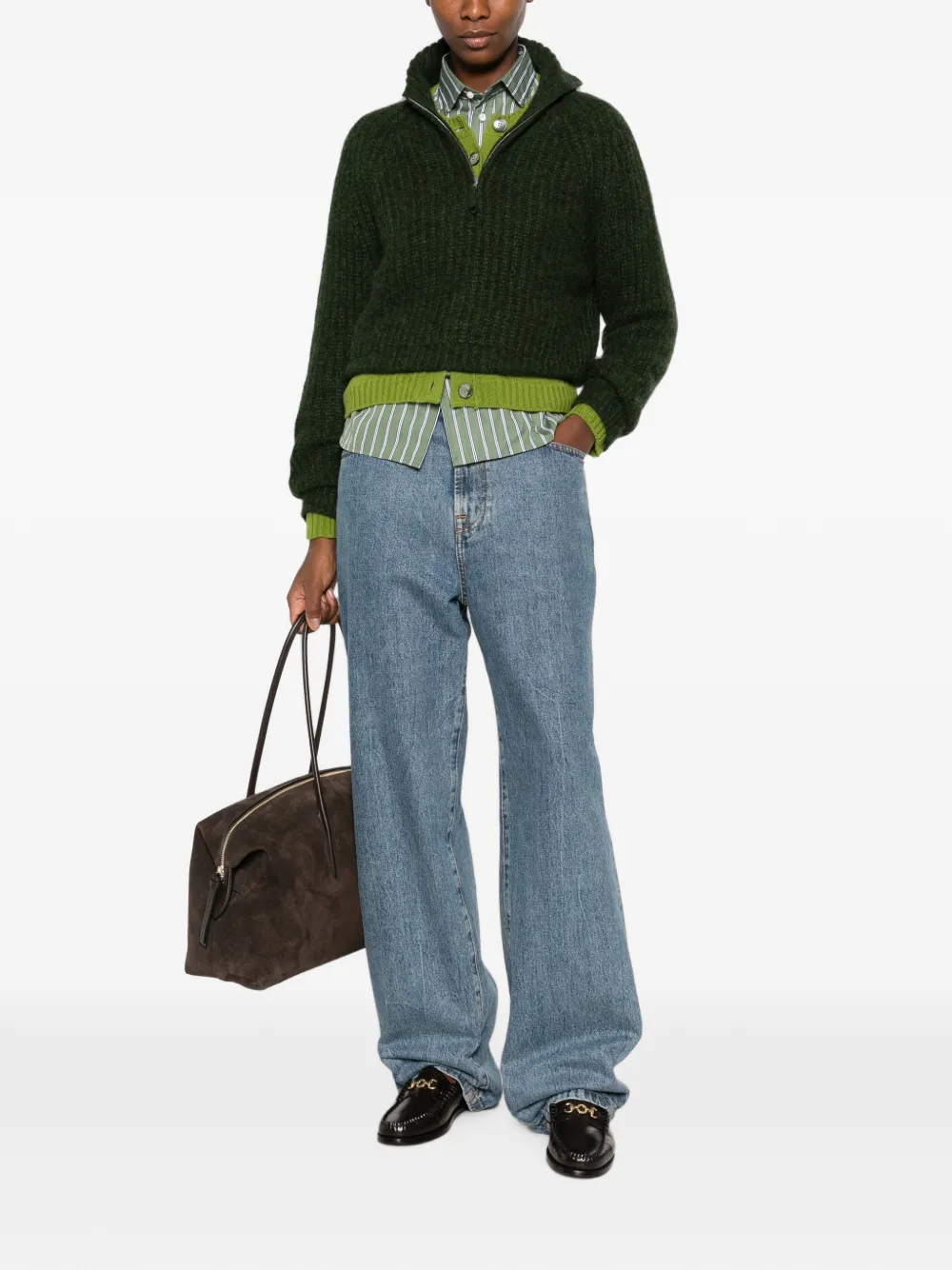 Allude Troyer ribgebreide trui met kwartrits Groen