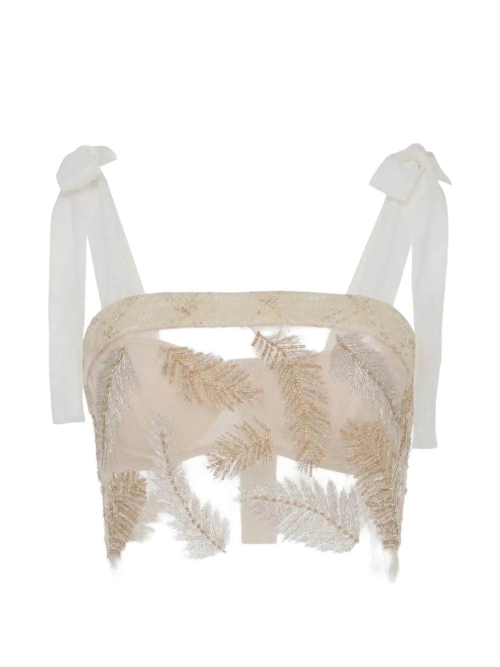 Elisabetta Franchi tulle and tweed top with feathers - Toni neutri