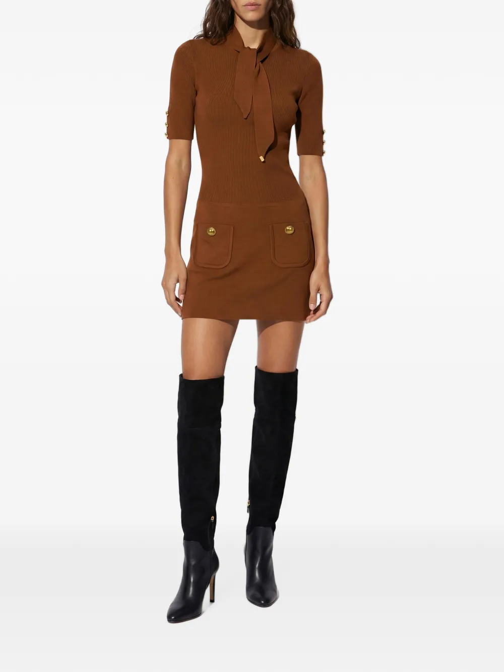 Elisabetta Franchi Mini-jurk van gebreide stof met sierknopen Bruin