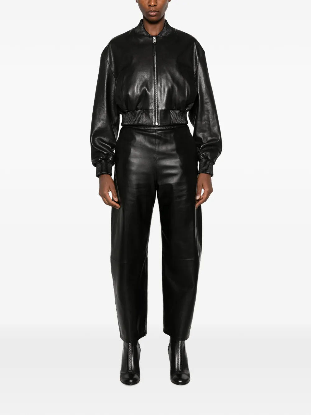 Arma Ribbed-trim Leather Trousers in Black, view 2