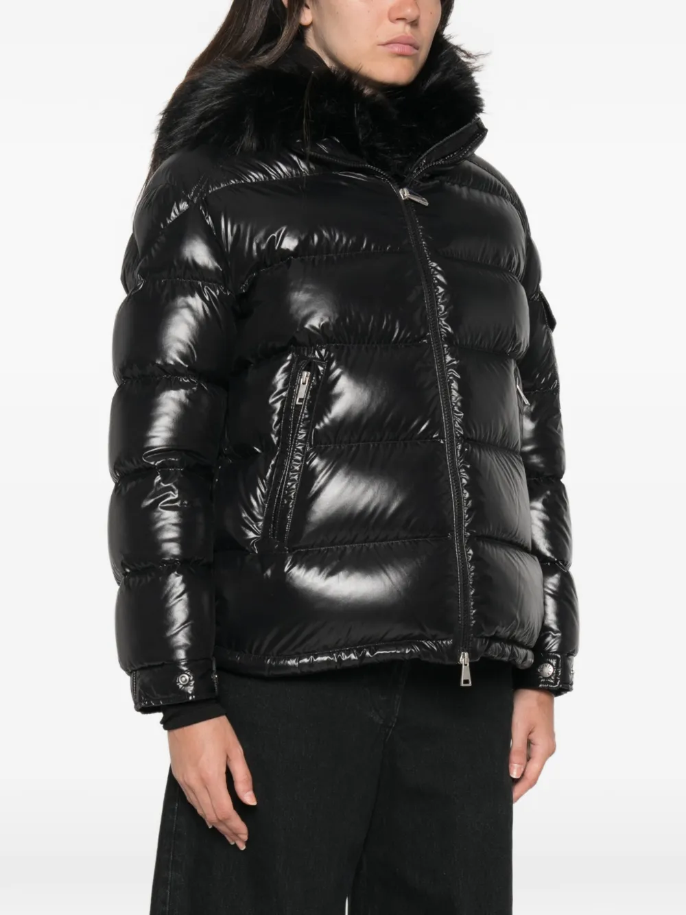 Moncler Hypolais gewatteerd jack met afwerking van imitatiebont Zwart
