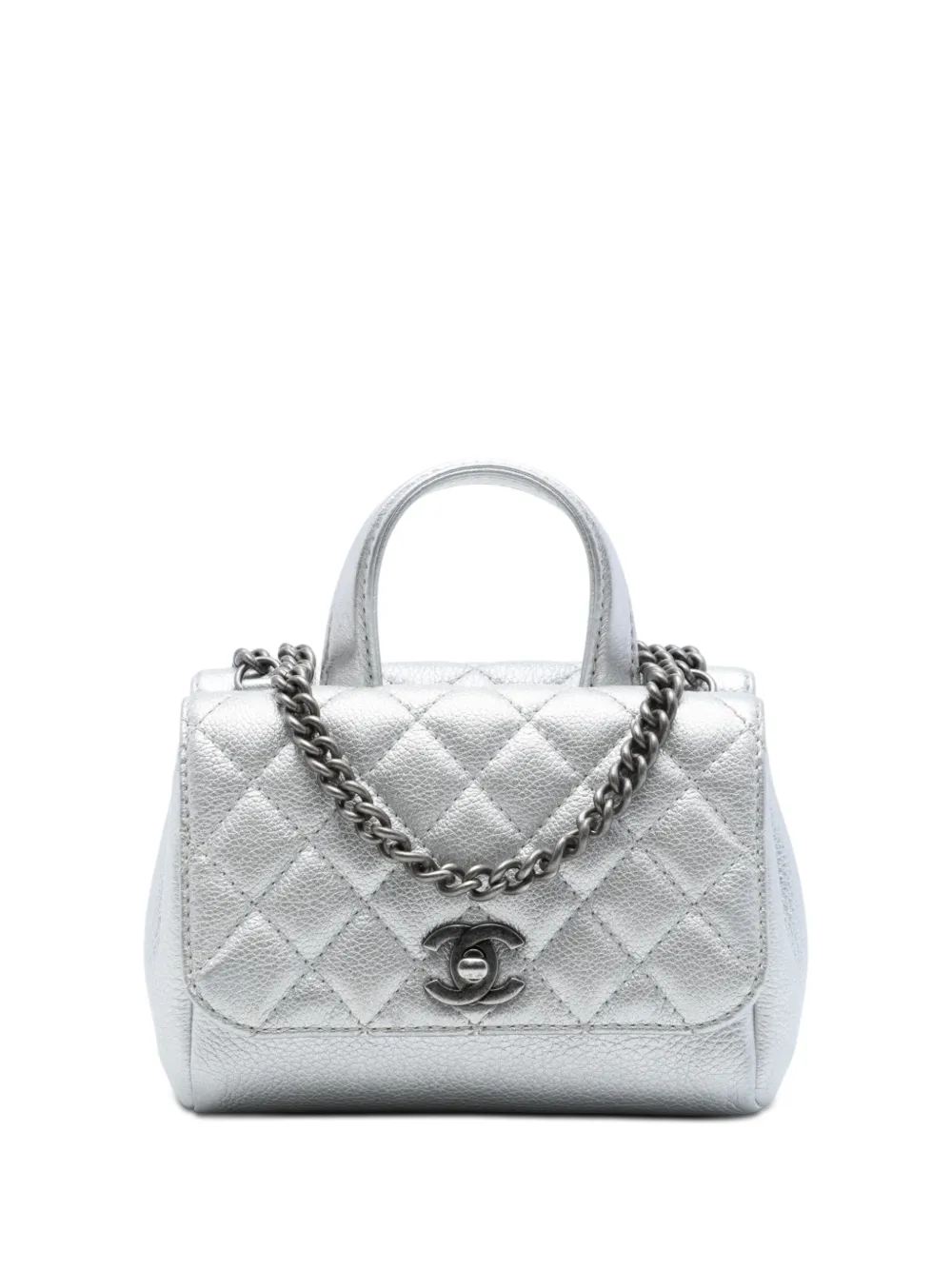 CHANEL Pre-Owned Borsa a tracolla Pilot Essentials in pelle di vitello pieno fiore metallizzata con doppio battente 2016-2017 - Argento