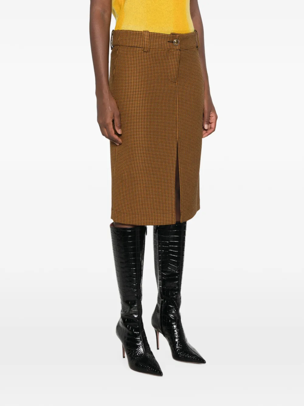 Kristina Ti Midi-rok met pied-de-poule print en split Bruin