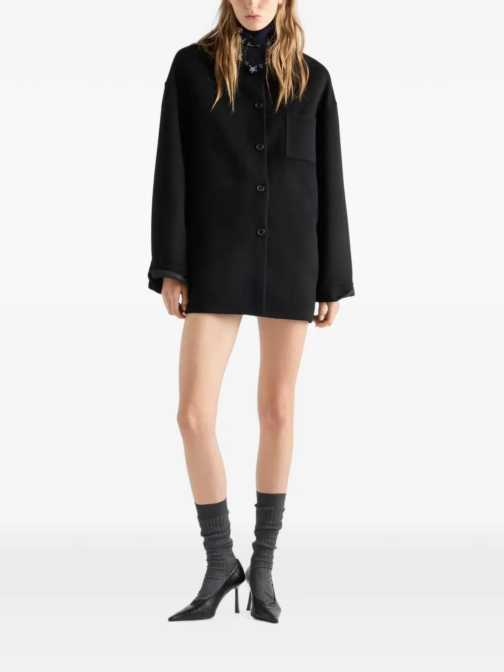 Prada Re-Nylon en omkeerbaar dubbel kasjmier wollen jack Zwart
