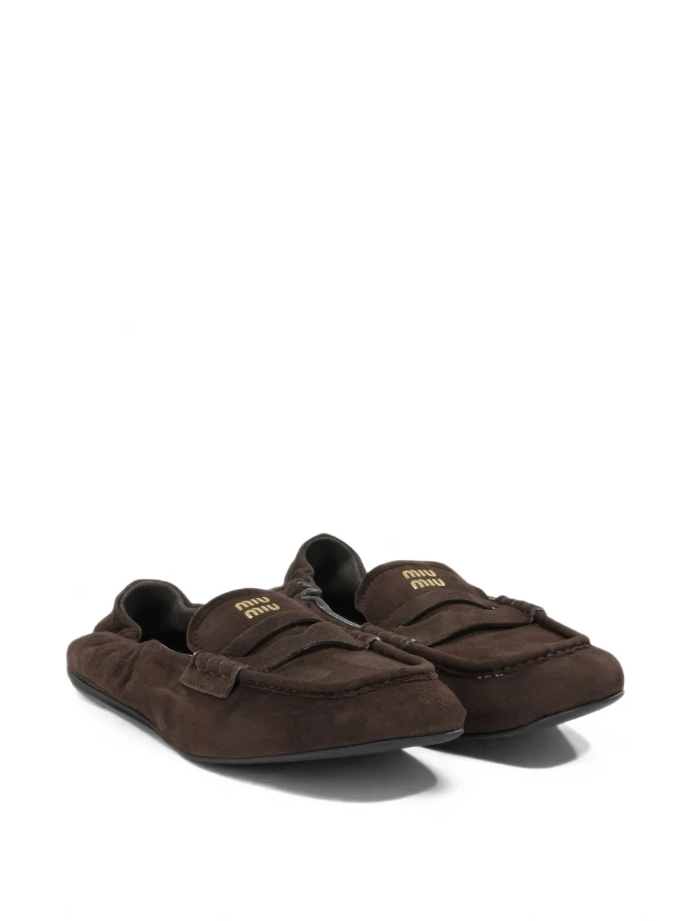 Miu Suède loafers met ruches Bruin
