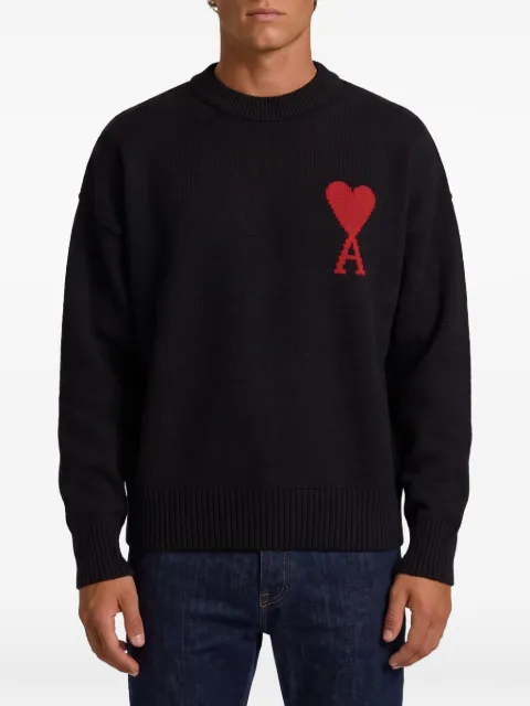 AMI Paris black crewneck wool sweater with Ami de Coeur