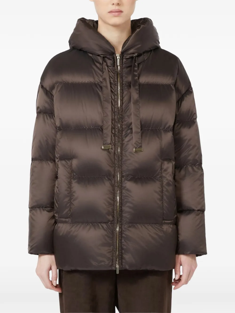 Max Mara Kort ruimvallend waterafstotend donsjack van platgeweven stof Bruin