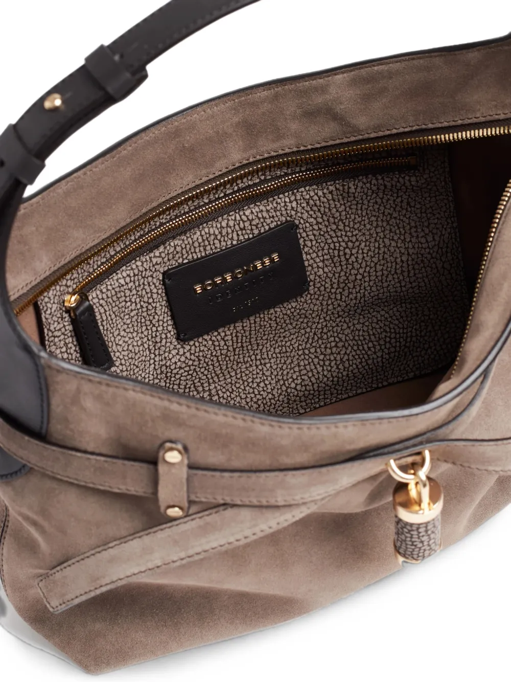 Borbonese B-Halo suède schoudertas met gesp Beige