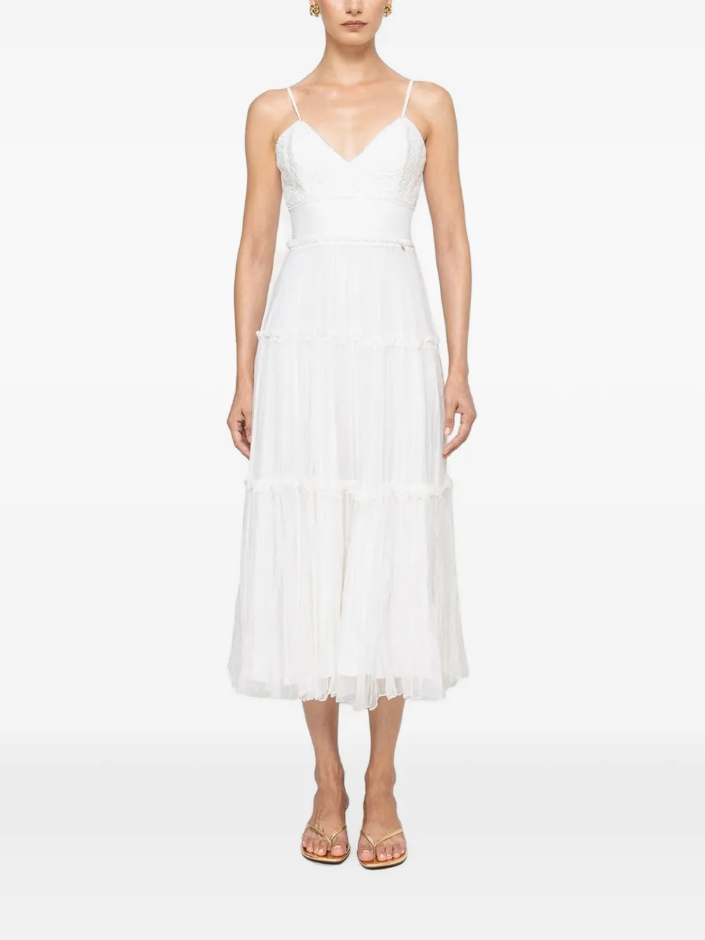 NISSA floral-embroidery silk midi dress - Bianco
