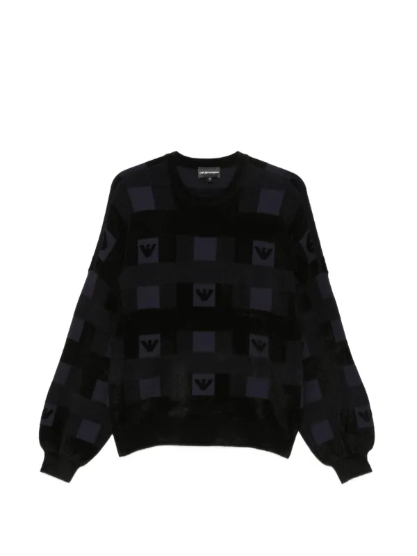 Emporio Armani Crew-neck Sweater with Checkered Inlay Graphic and Logo in Black