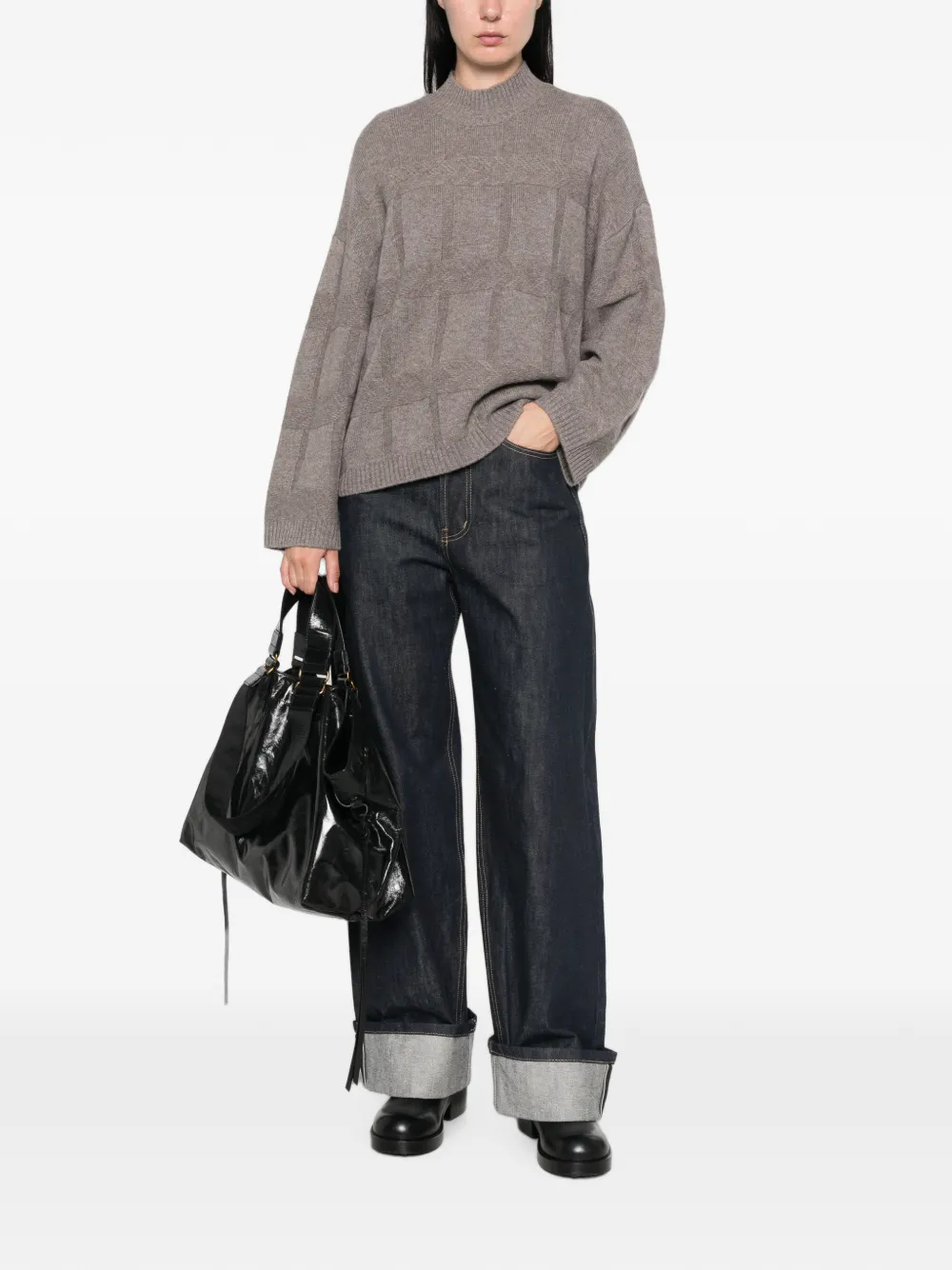 Emporio Armani check-pattern cable-knit sweater Grijs