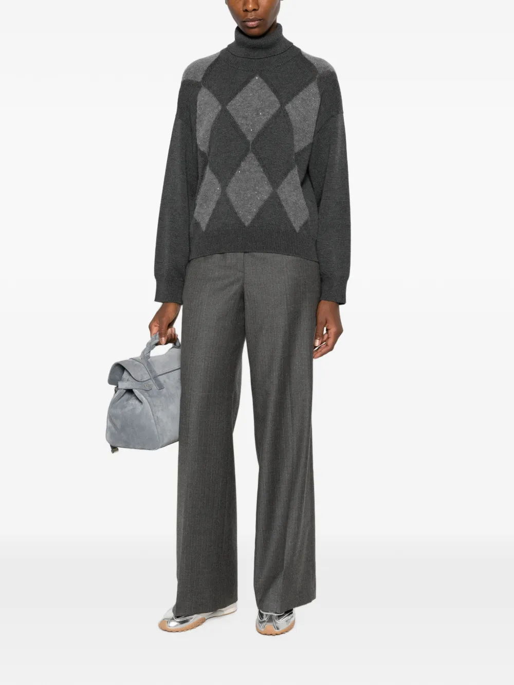 Peserico Argyle-knit Sequin-embellished Sweater In 그레이