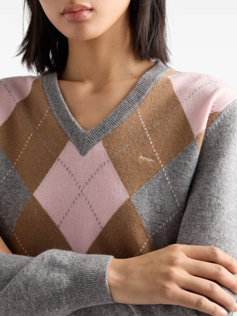 Prada Kasjmier trui met argyle patroon en V-hals Grijs