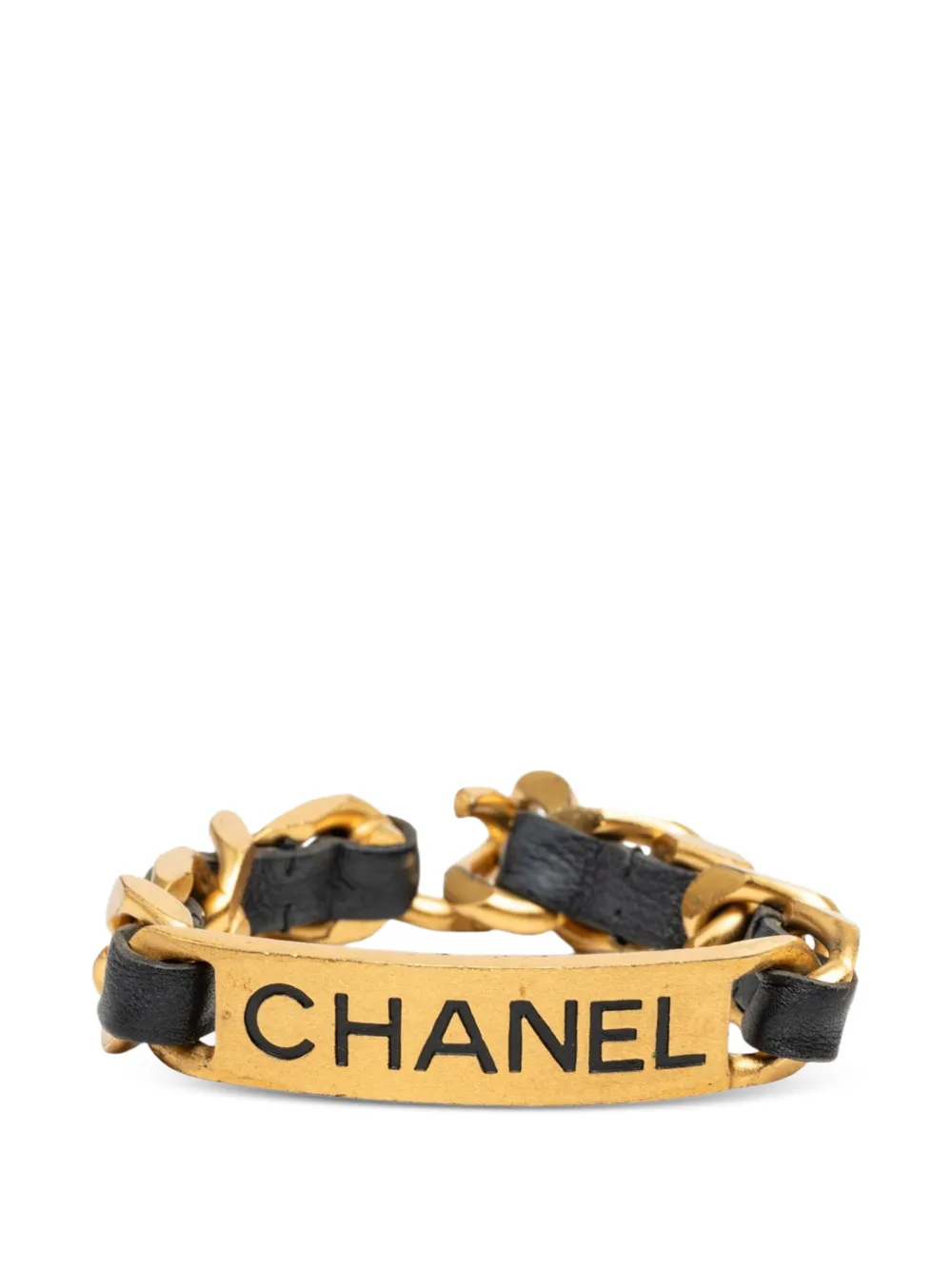 CHANEL Pre-Owned 1995 Gold Plated and Calfskin Logo Plate Chain Bracelet costume bracelet - Nero