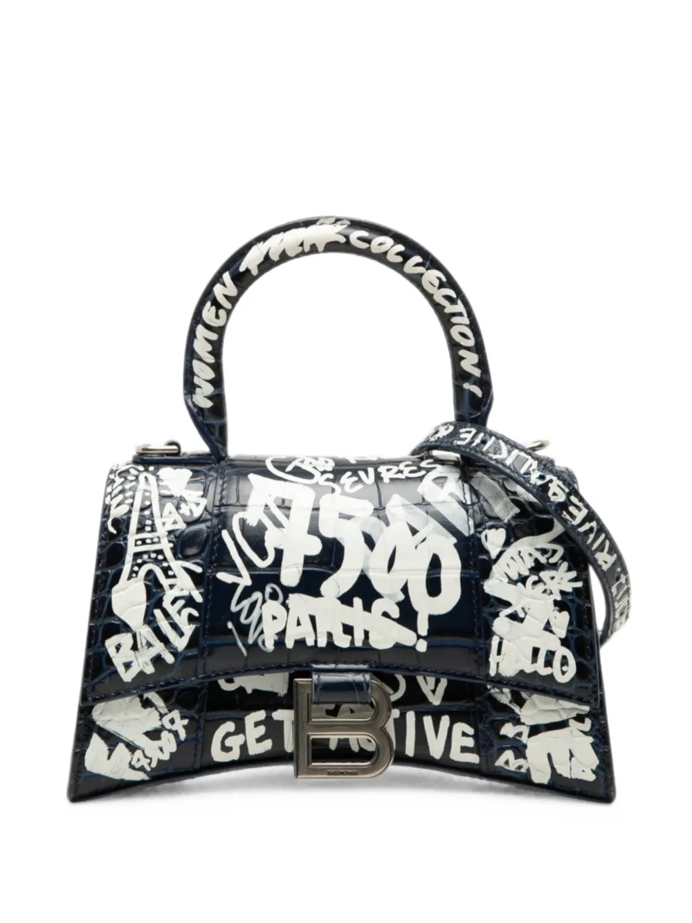 Balenciaga Pre-Owned 2020 XS Graffiti Hourglass Satchel-Tasche aus Kalbsleder mit Kroko-Effekt - Blau