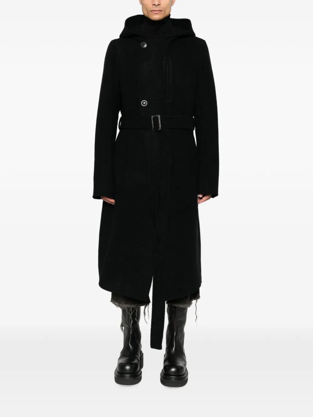Rick Owens belted hooded single breasted coat Zwart