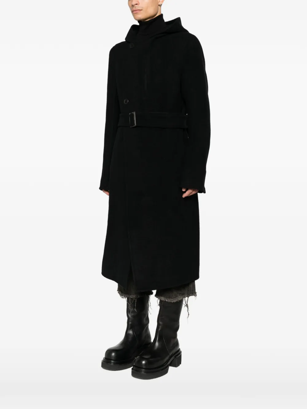 Rick Owens belted hooded single breasted coat Zwart