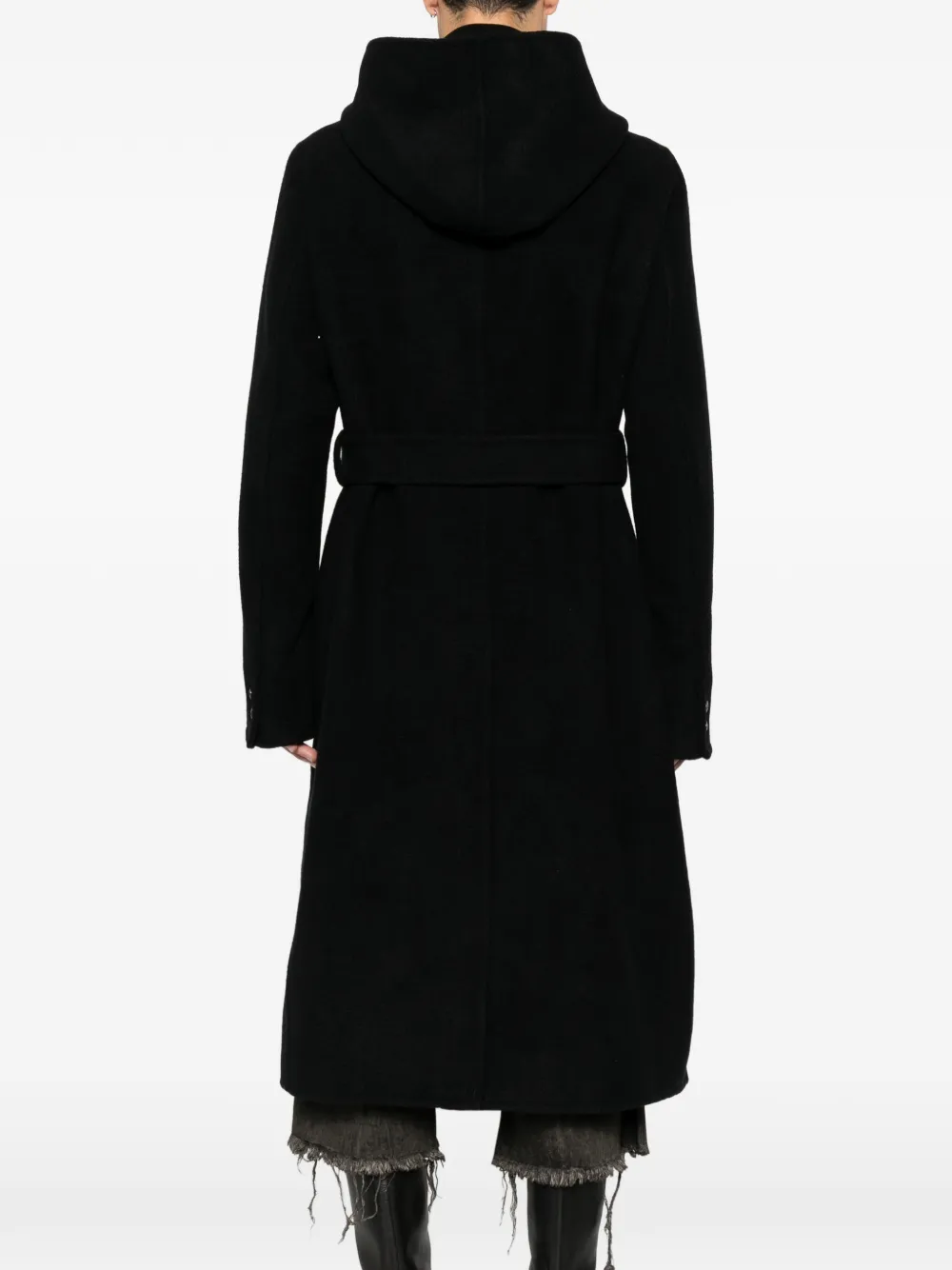 Rick Owens belted hooded single breasted coat Zwart