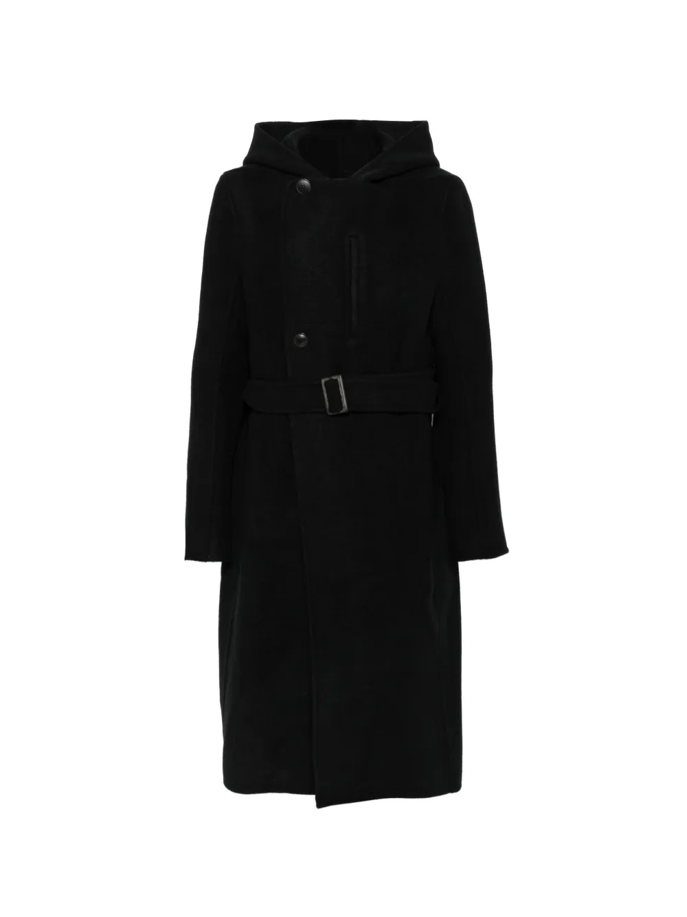 Rick Owens belted hooded single breasted coat Zwart